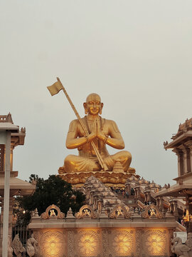 Hyderabad, Telangana India - Nov 10 2023: Golden Saint Ramanuja (Sri Ramanujacharya Swamy) Statue in Statue Of Equality in Hyderabad.