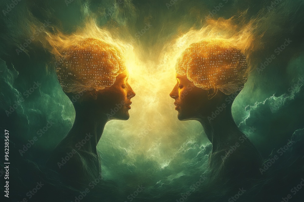 Aufkleber brain plasticity flexibility glowing green energy flows between two profiles symbolizing the vibrant
