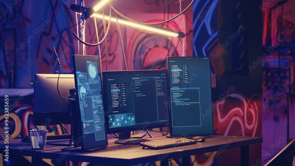 Aufkleber computer screens with hacking script running in hidden underground hq. pc monitors in neon lit empty