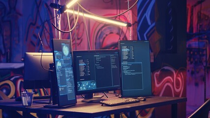 Computer screens with hacking script running in hidden underground HQ. PC monitors in neon lit empty warehouse used by hackers to escape from being arrested by law enforcement