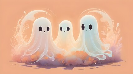 Fototapeta premium trio of adorable ghosts with pink blush on a light canvas