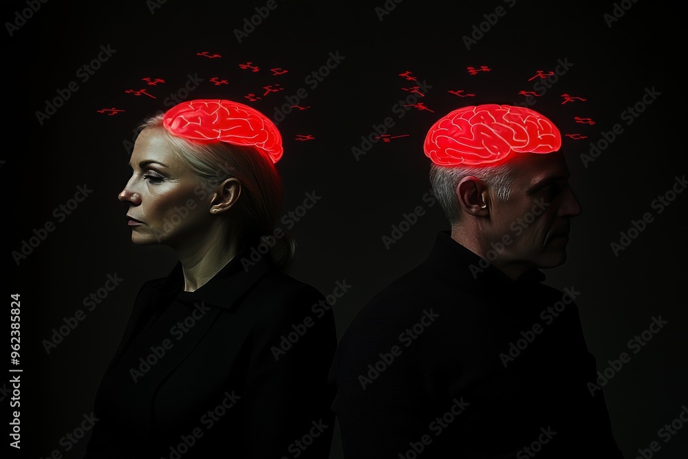 Poster neural flexibility businessman and businesswoman facing each other with brain floating between them 