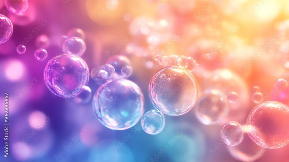 Poster abstract background with colorful soap bubbles on a blurred background.