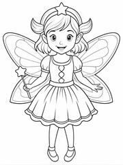 Cute fairy girl with a star headband and a classic dress, drawn in black and white with large wings. For children’s books, textile patterns, or educational materials in a simple, outlined style