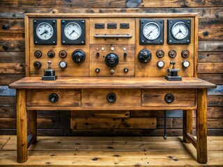 Fototapeta premium Rustic Wooden Desk with Analog Gauges amidst Data Streams