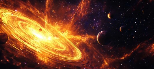 Obraz premium A cosmic scene with planets orbiting in impossible trajectories