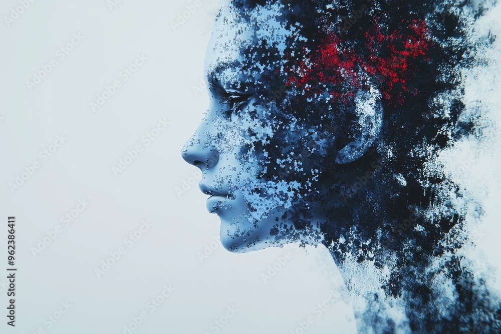 Aufkleber thinking flexibility artistic blue portrait of a woman with her face disintegrating into digital par