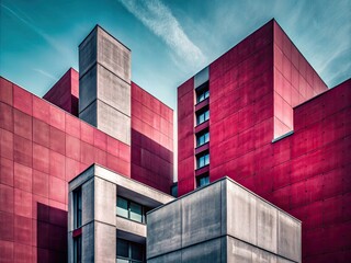 minimalist modern maroon gray concrete architecture clean lines geometric shapes urban mood monochromatic high contrast cityscape photography
