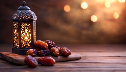 A lit lantern sits beside a pile of dates on a wooden surface with a blurred background of warm lights.