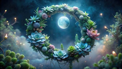 ethereal nighttime succulent wreath with glow-in-the-dark accents, misty fog, and delicate flowers on a foggy forest setting, moonlight, soft focus, enchanting mood
