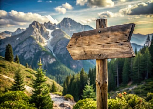 sturdy mountain pole holding rustic wooden signage featuring adventurous typography and earthy tones embodying rugged wilderness branding