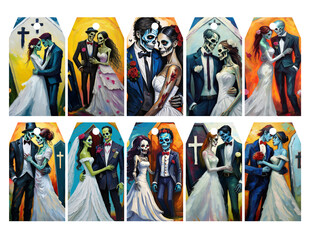 Obraz premium Zombie Bride and Groom with Coffin Watercolor Gift Tags