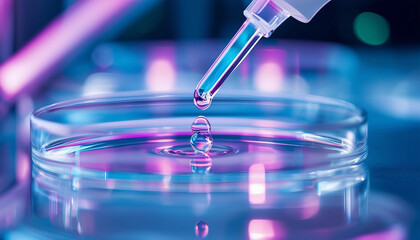 A close-up of a pipette delicately dispensing a drop of liquid onto a petri dish, the liquid reflect