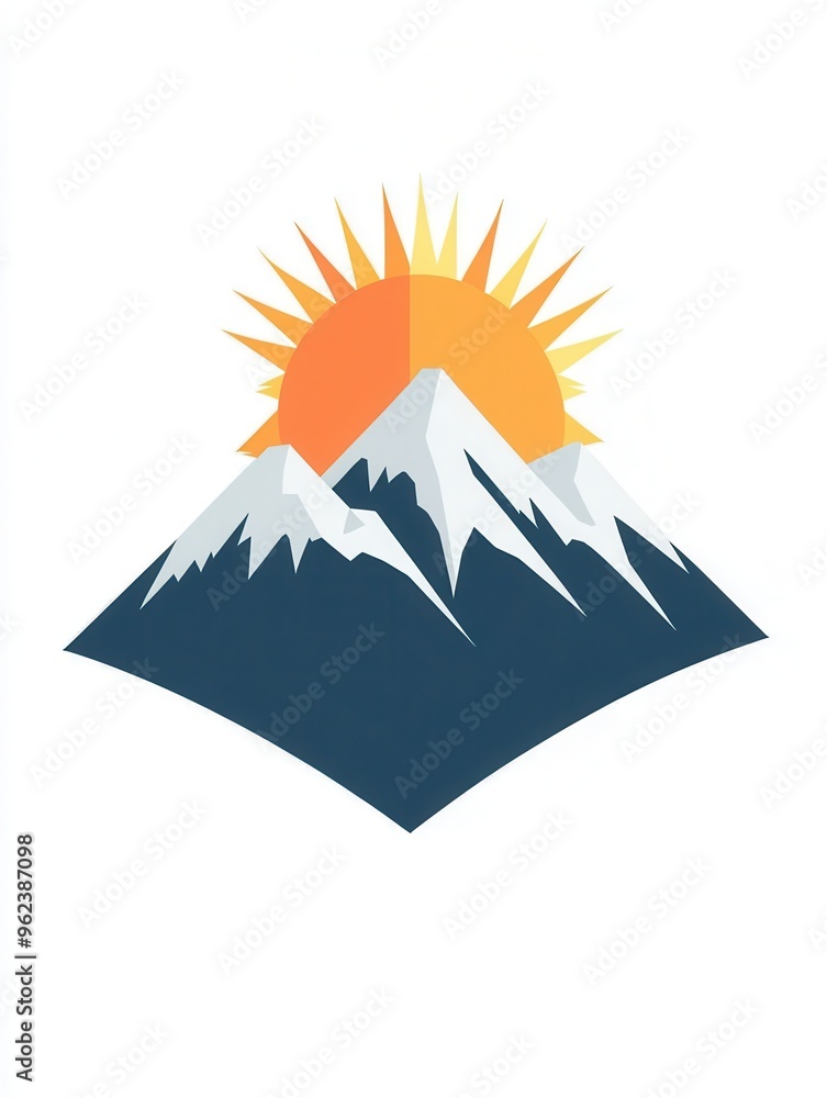 Poster This design showcases stylized snow-capped mountains with a sun rising behind them, creating a peaceful and uplifting atmosphere. Generative AI