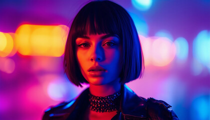 A young woman with a sleek bob haircut stands illuminated by neon lights in deep blues and fiery