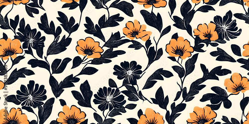Poster modern printed fabric flower block print pattern with linen texture effect. stylized boho dark flora