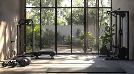 Minimalist home gym with a large window overlooking a lush green garden.