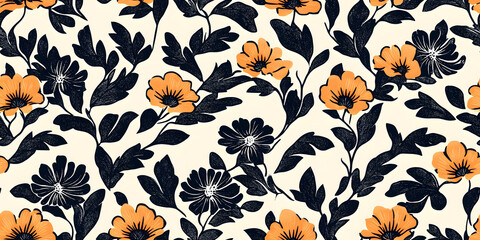 Modern printed fabric flower block print pattern with linen texture effect. Stylized boho dark floral for chic fashion background motif border design.