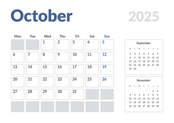 Monthly page Calendar Planner Template of October 2025. Vector layout of calendar with week start Monday for Scheduling. Page for size A4 or 21x29.7 cm