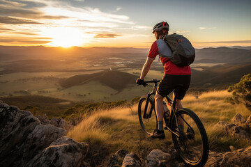 Fototapeta premium Sport, adventure, travel, cyclist man stops at the top of a hill, overlooking the valley at dawn