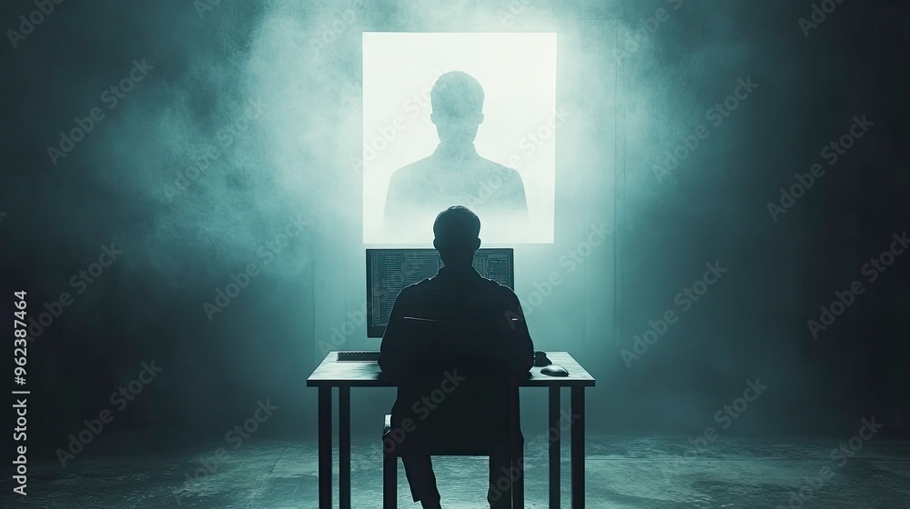 Poster ai-powered chatbot interface on a computer screen, glowing text, dark background, desk setting