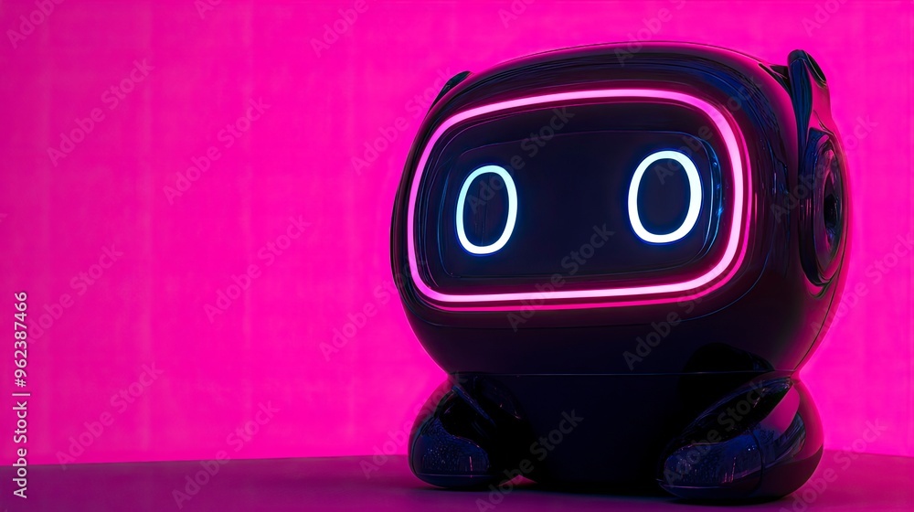 Poster ai-powered chatbot interface on a computer screen, glowing text, dark background, desk setting