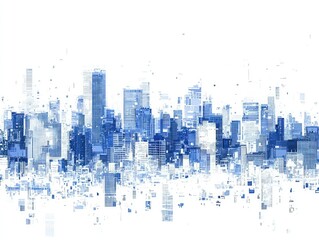 Obraz premium Abstract cityscape with white and blue pixel blocks, rough strokes, and high contrast, vector style.
