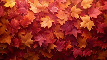 Autumn leaves, scattered on a path, vibrant oranges and reds, soft morning light