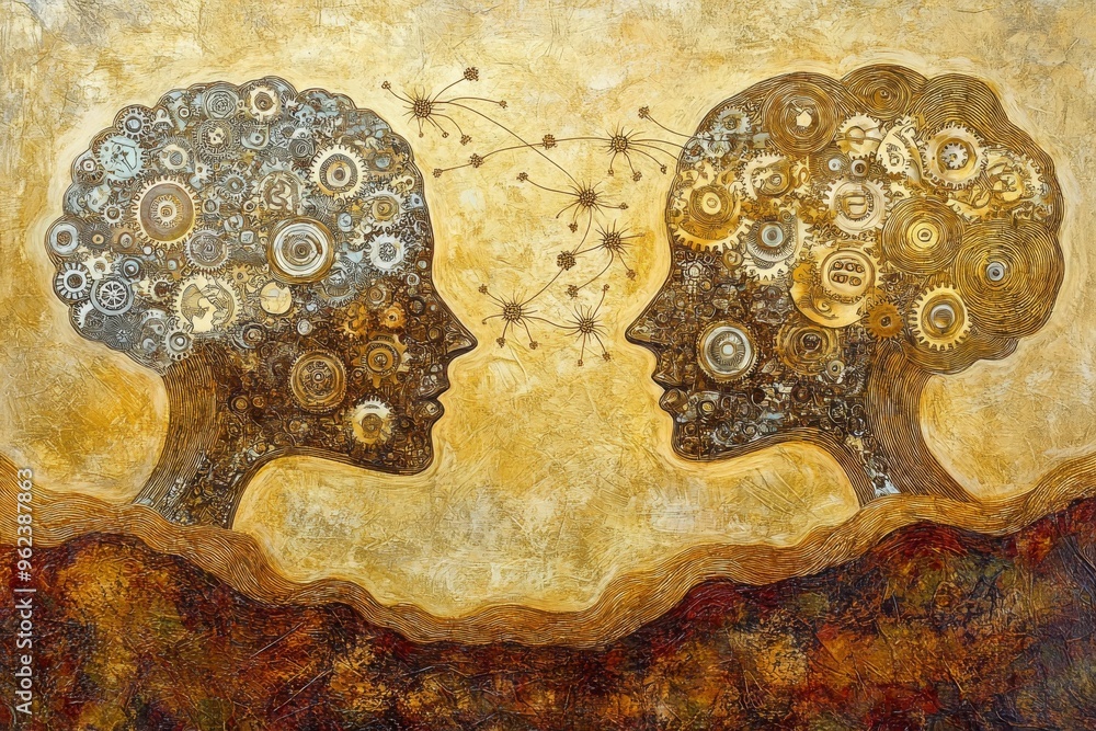 Poster cognitive development exercise artistic rendering of profiles with gear brain designs symbolizing th