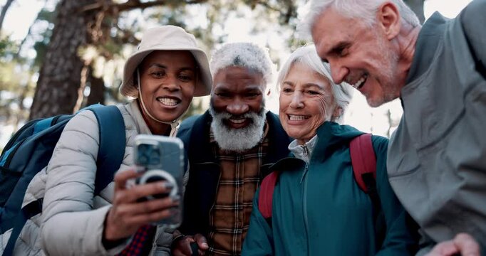 Hiking, laugh and friends in nature with mobile, journey and funny video on internet. Happy, phone and people in forest for streaming, comedy media or post on social networking app of fitness blooper