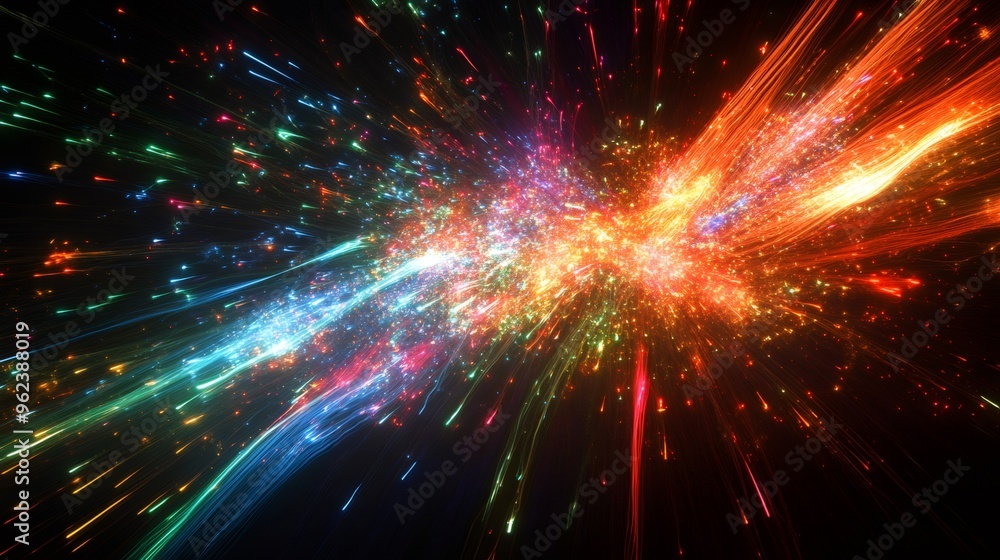 Poster abstract background with glowing lines and particles in a dark space.