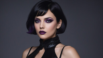 Fototapeta premium Elegant Woman with Dark Bob Hairstyle and Bold Purple Makeup 