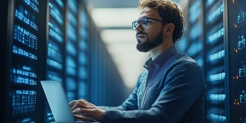 A young male IT professional with glasses works on a laptop while managing data servers in a modern, illuminated server room. 