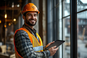 Construction worker wearing a high-visibility vest, holding an iPad and reviewing information on the screen

