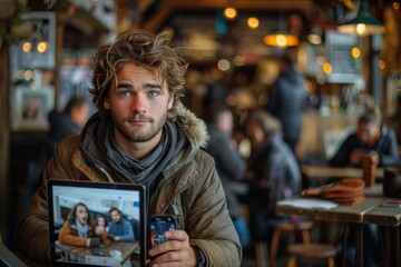 Fototapeta premium A young man sitting in a coffee shop with a worried look on his face