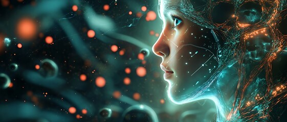 A woman's face is enveloped by a bright, digital network with a blurred, colorful background.