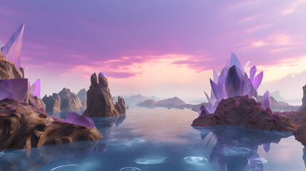 Majestic Purple Crystals Rising from a Water Lake in a Pink Sky