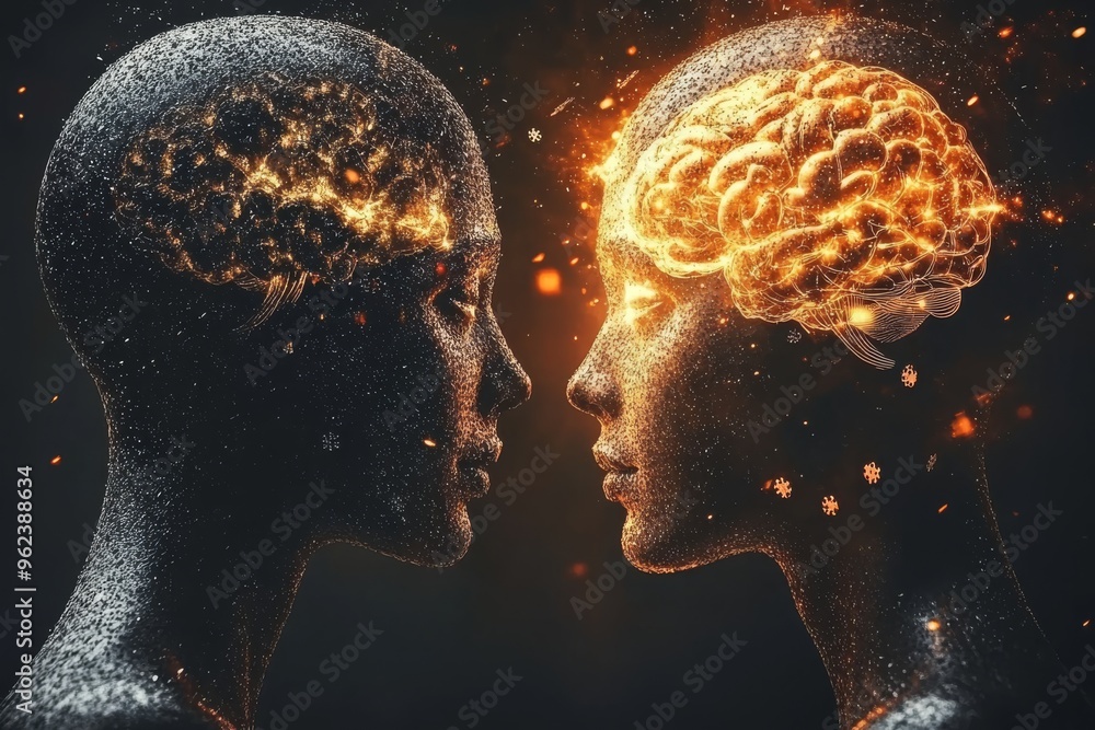 Poster neuroplasticity exercise silhouetted profiles with glowing brains representing the balance between t