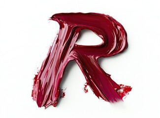 Liquid maroon paint forming R on a white background, isolated with soft shadows.