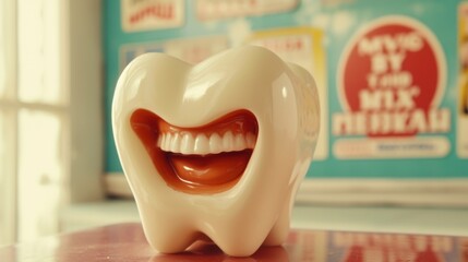 A tooth-shaped sculpture featuring a wide smile, placed in a vintage dental-themed setting. This playful yet eerie design is ideal for creative dental marketing or artistic projects that embrace