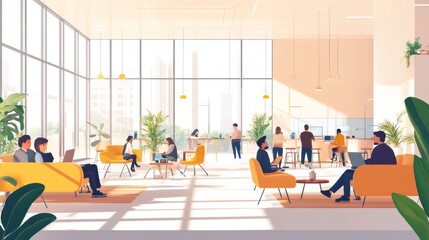 Modern office with large windows and a team of coworkers working on laptops.