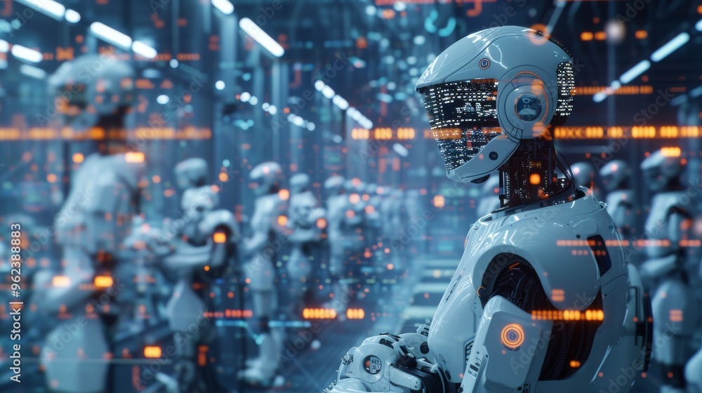Poster a futuristic robot with a sleek design stands in a high-tech facility, interacting with a digital in