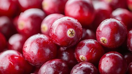 Cranberries, close-up of berries, bright red and glossy, natural sunlight