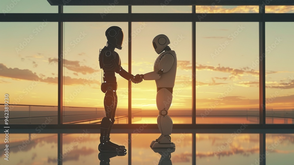 Poster a pair of ai robots shake hands in a high-tech, glass-enclosed office as the sun sets, creating a dr