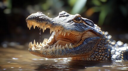 Obraz premium Crocodileâ€™s teeth, partially open mouth, water droplets, bright overhead sun