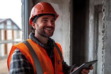 Construction worker wearing a high-visibility vest, holding an iPad and reviewing information on the screen

