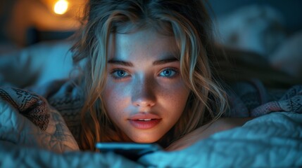 young woman looking at her smartphone while lying in bed