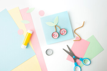 a pair of scissors sitting on top of a pile of paper, a pastel, card template, cherry, miniature product photo, circle, scrapbook