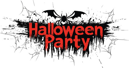 Halloween Party Banner Happy Halloween vector text banner on a transparent background. Featuring black bats, witch and cobwebs suitable for placing over Halloween cards, social media and poster design