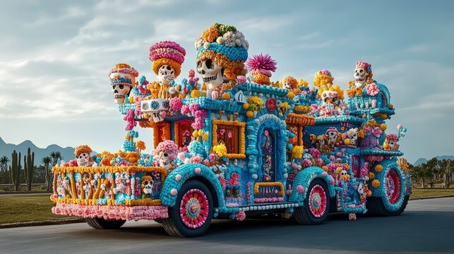 Day of the Dead parade float, decorated with flowers and skulls, bright daylight
